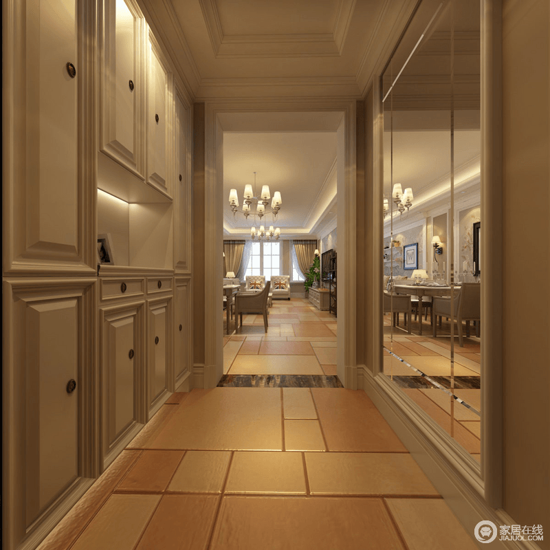美式风格的走廊与整体空间的地面相统一，也正好迎合了设计对生活方式的解读；整体式收纳柜功能强大，与镜饰足以满足主人的需求，整洁也实用。