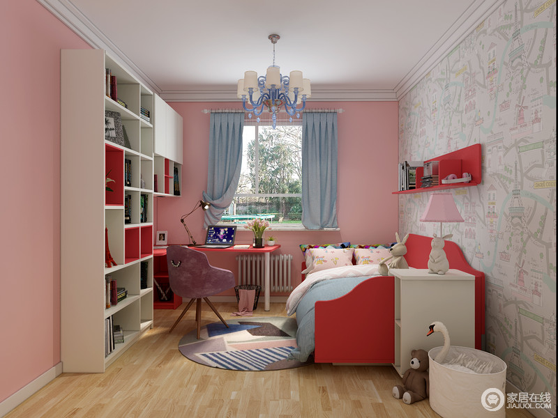 一间典型的女孩房，这个年龄阶段的女孩对于“粉红风”有无法割舍的喜爱。多功能组合床超大的储物空间，让孩子爱上整理。