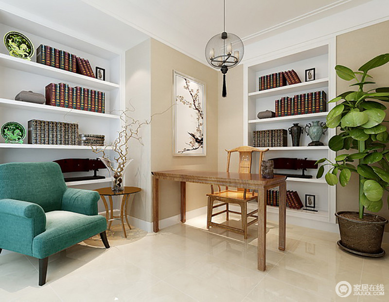 中式家具与现代绒面绿色沙发将不同材质的视感与触感融为一体，表现出空间的包容性；琳琅满目的图书填补了书架的空白；中式挂画将自然禅意流露。