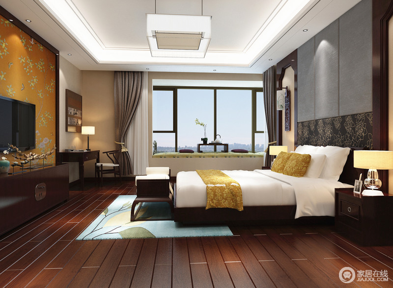 卧室中中式家具古典大气，现代的设计方式让空间中不乏时尚与古韵，是新中式的典范之作。