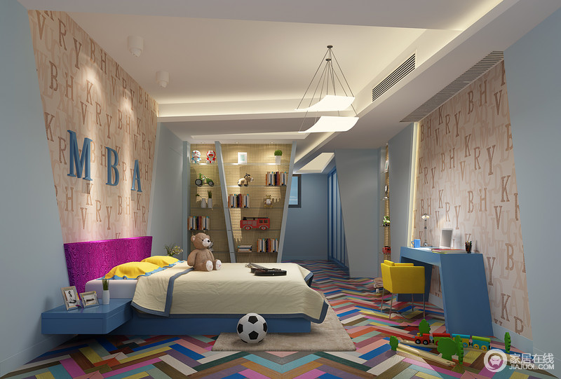 色彩斑斓地地板，使空间氛围更活泼；蓝色隔板分区及彩色家具描绘出缤纷地场景，让孩童世界更为精彩。