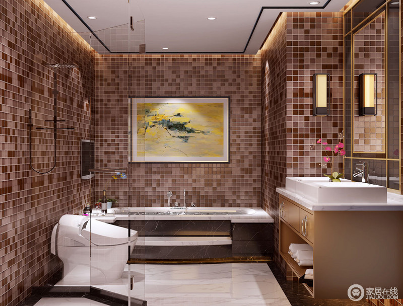 卫浴间的墙面好似马赛克，变幻着魔幻的力量；中国写意画让其与主题设计相对应，与整体空间相宜。