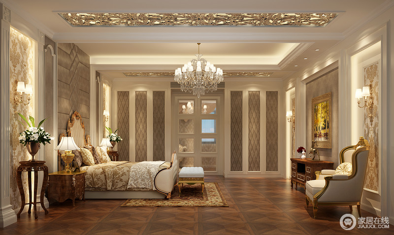 空间中层次丰富，力求体现整个的空间优雅；褐色地面与淡黄色床品在欧式家具的穿插中彰显出恢弘与温馨。