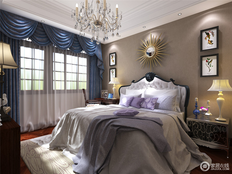卧室，蓝色的窗帘，白色的顶面，床头的太阳花，休息的场所，同时也是私密空间。