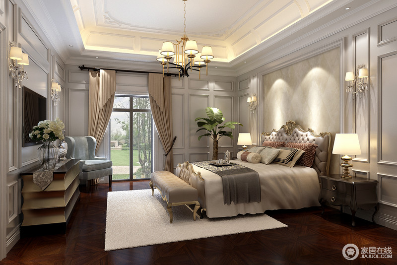 镶金戴玉来形容卧室的家具很是恰当，看似低调，却颇为奢华，也呈现了质感；驼色调深浅有序地表达着中性的大方与包容，令卧室愈加温馨和舒怡。
