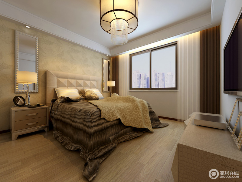 卧室的背景墙利用对称设计的方式来平衡空间的陈设技法和家具，纹状的深色床品沉稳大气，增加了空间的厚重感的同时，绽放着一丝传统复古格调。