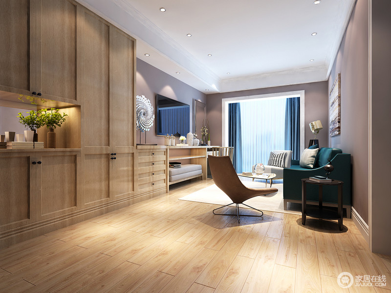 休闲室中以实木将整体空间的质感呈现出来，从木地板到实木整体柜都力求以实用来提升设计魅力；木调与咖色立面将自然与现代融为一体，而墨绿色沙发和个性的家具就是现代时髦的再现。