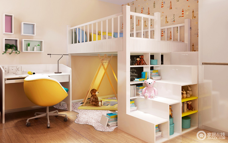 儿童房方案专为小小孩设计，在满足日常功能的同时，运用设计手法最大限度的增加孩子的活动空间。 壁纸的搭配选用温馨舒适的米色调，不论是用做男孩房还是女孩房都是可以的。