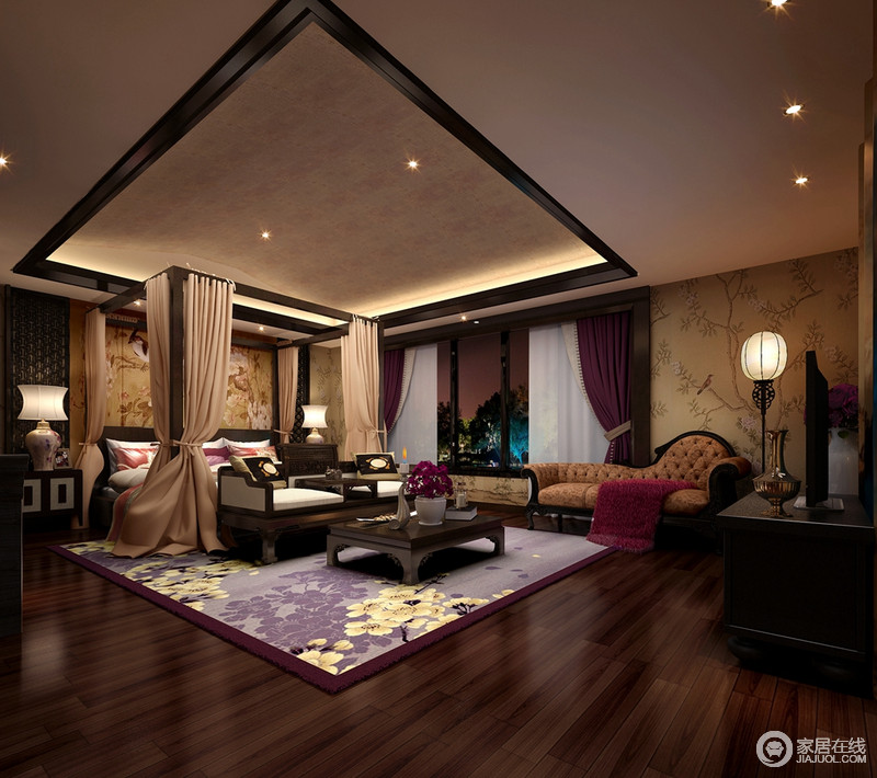 浅咖色的空间里营造了一个咖啡质感的流畅设计，支架床追根于中式传统，体现了古代的人文精神；紫色地毯将轻柔与梦幻携入室内，与有序地家具摆饰形成鲜明的中式妙义。