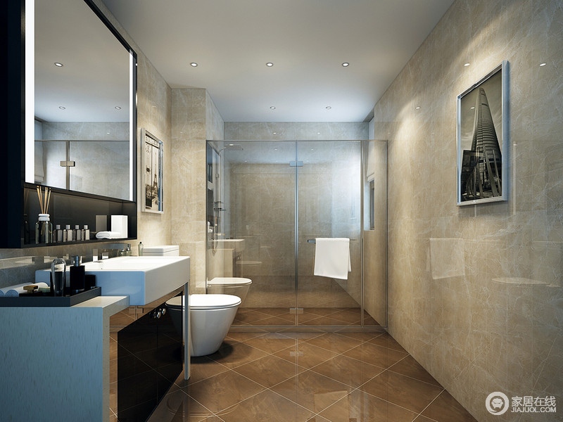 卫浴间通过玻璃门将空间一分为二，土黄色菱形地砖给予空间几何与色彩之美，更显自然；现代感十足的盥洗柜设计的十分简单，实用中愈显品质。