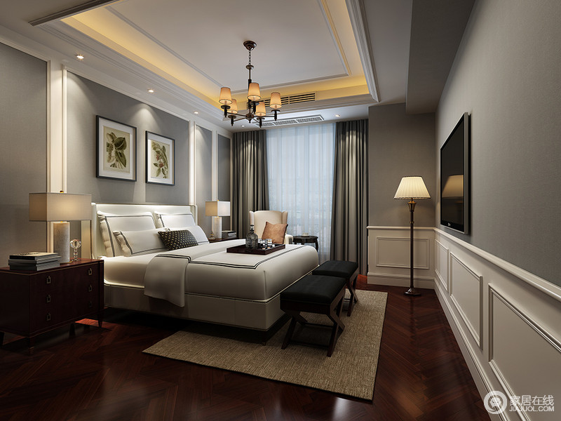 灰色的立面成就了卧室的静谧，方正的布局中家具对称而设，从台灯、边几到床品无不显示着美式生活的质感和格调。