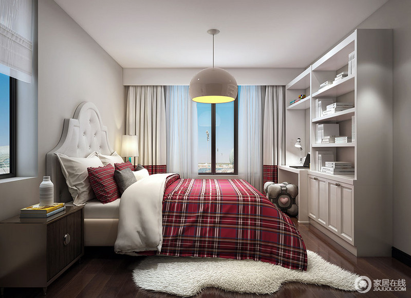 白色木柜与空间整体基调相契合，红色格纹床品裹挟着苏格兰式的优雅，白色毛绒地毯令卧室升温，充满暖和感。