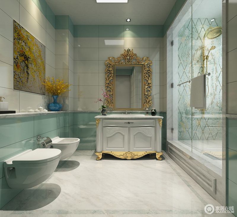卫生间采用色彩拼接的方式来演绎空间，浅淡的蓝色不动声色间温润了氛围，使空间缓缓流淌着舒缓的情调；浴室镜和面盆台及淋浴上的镶金雕花，平添了奢而不华的贵气。