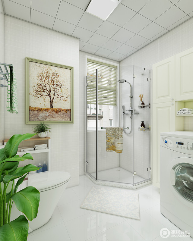卫生间巧妙地解决了角落空间，通过淋浴室把空间利用了起来，干湿分区的设计，让生活更为舒适；毛巾收纳架或者挂画，无疑都为空间带来了不一样的景致。