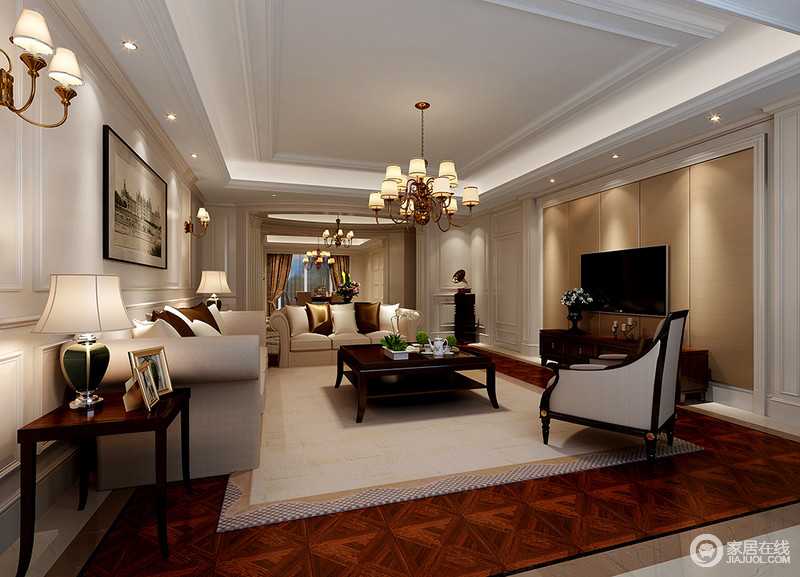 客厅中将木地板与驼色地毯进行组合，增加了地面的层次；现代美式家具统一采用中性调，与空间中的灯光氛围相融合，将整个空间整合为一个自然美感的得意之作。