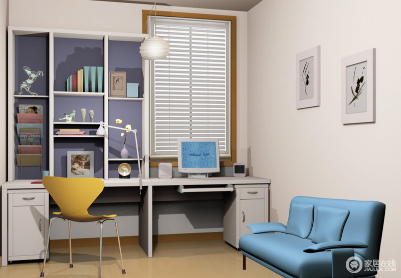 空间虽小，却现代艺术情义足，并成为这个书房最大的特点；设计为了将实用性延展开来，利用悬挂收纳柜和紫色背景墙营造了一个唯美清逸的收纳区；明黄色单人椅和蓝色沙发形成冷暖对比，和煦悦动。