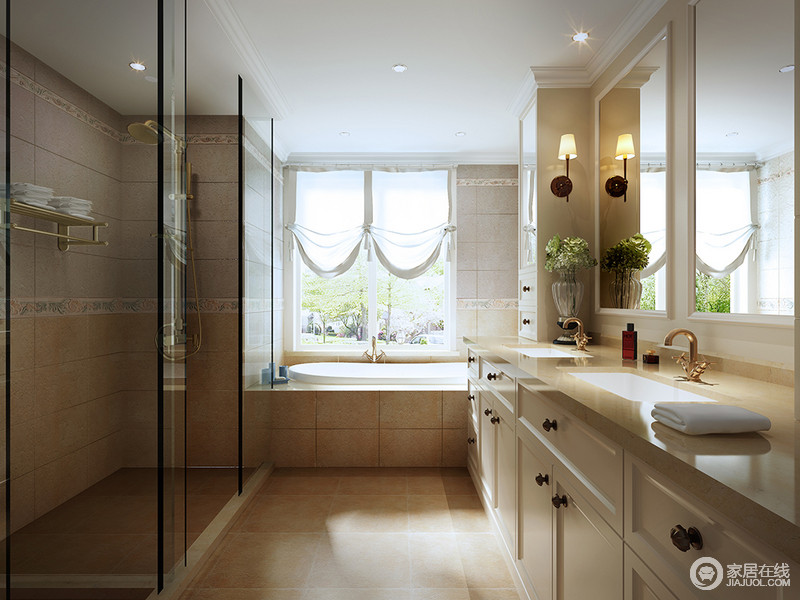 卫浴间的设计将石材和玻璃作为主要材质，淡黄色的氛围令卫浴时光愈加暖和。
