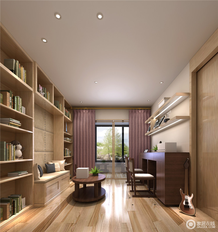 书房的动静线条分明，环绕式的书架便于卡座的置放；茶几与书桌厚重呼应也做视觉上的过渡，两侧背景在视觉上形成对称平衡。装饰的紫色窗帘，为低调内敛的空间平添一抹优雅。