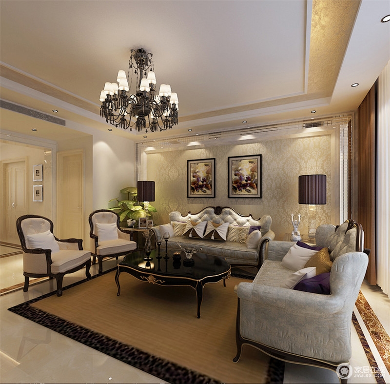 客厅以米黄色为主色调，黑色线条的沙发和黑色茶几，使得客厅看起来更加的优雅。穿插的紫色和一抹亮黄色，让优雅的空间呈现出高贵的格调。