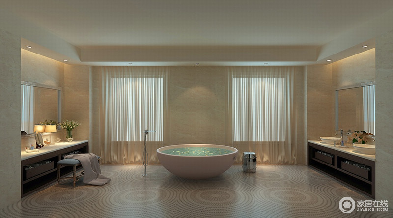 卫生间采用对称的表现手法，造型一致的双盥洗台与梳妆台靠墙分布，中央预留出空旷的活动区域。白色的浴缸里水波涟漪，与地板上的图案相得益彰。