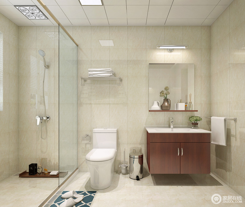 卫生间采用白色，让污迹无所遁形并且显得明亮大方，空间采用干湿分离，镜面柜的设计，收纳空间扩展更多。