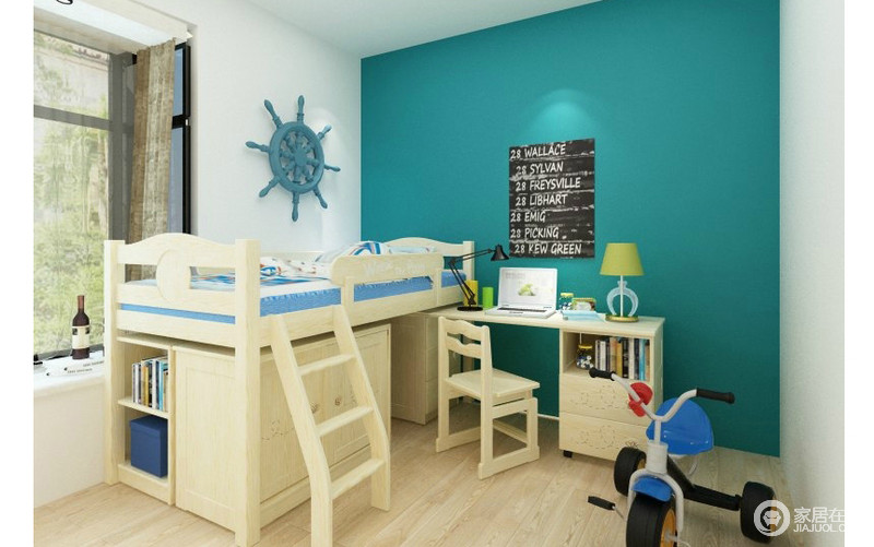 儿童房是一个充满童趣的空间，同时小孩子活泼好动，考虑到安全性，家具少而精，合理巧妙地利用室内空间。采用硅藻泥3代抗醛健康墙漆，让孩子在健康的环境下成长。浅色的环保地板防滑耐磨。