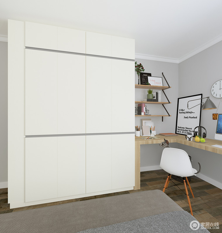 到顶的定制衣柜充分的利用了空间增加收纳，纯白色的衣柜和灰色的墙面形成鲜明的对比，右边与书桌完美结合，充分利用转角空间。