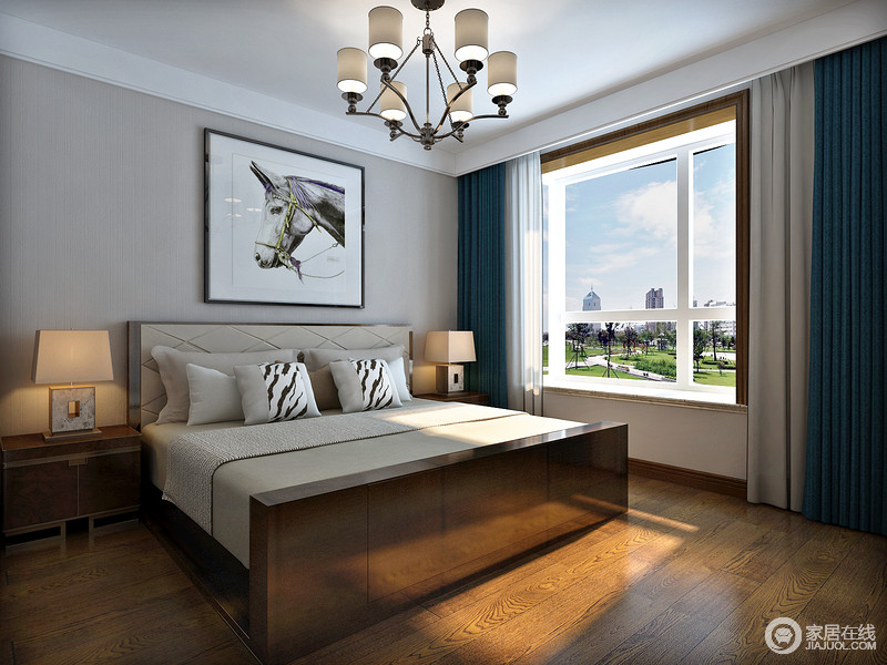 在色彩搭配上，新中式风格多以现代居住者为考虑，褐色为空间主基调，其他颜色作为局部色彩装饰，让卧室多了温和，也格外整洁。