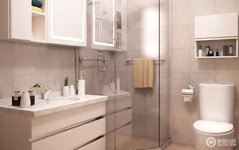 卫生间是灰白的主场，干净整洁，洗手盆上端的柜子完美的利用了空间，给人一种自然祥和的感觉，底部的柜子结构是三抽屉结构，实现了收纳的最大化。
