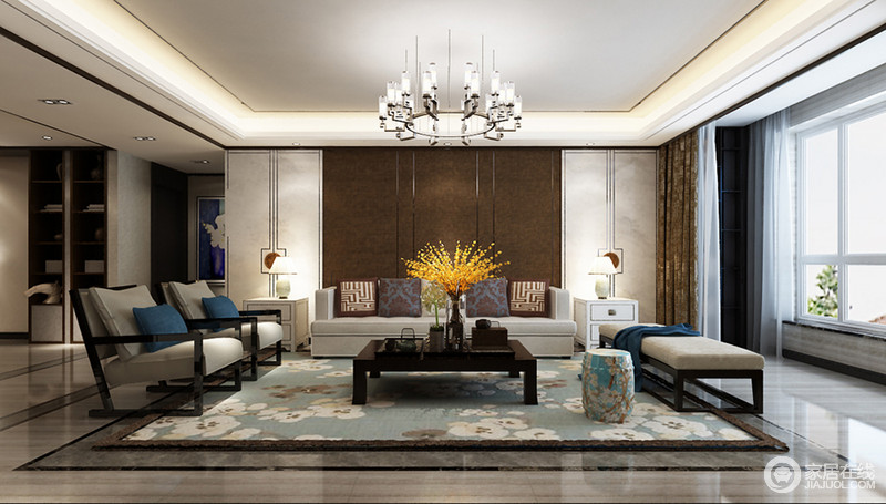 杏花绽放满屋香，就连沉静的新中式家具都变得典雅而亮丽，可见一块地毯对装饰空间的意义也是极其重要的。