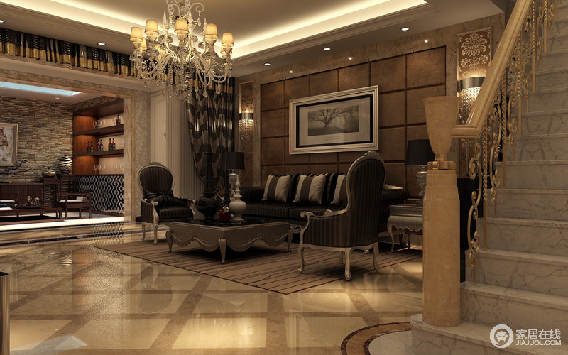 巧克力色的客厅简约中带着时尚复古感，以线条的丰富几何性将空间的精致细节与优雅气质突显出来。位于楼梯一侧，方便空间交流且具一定的私密性。