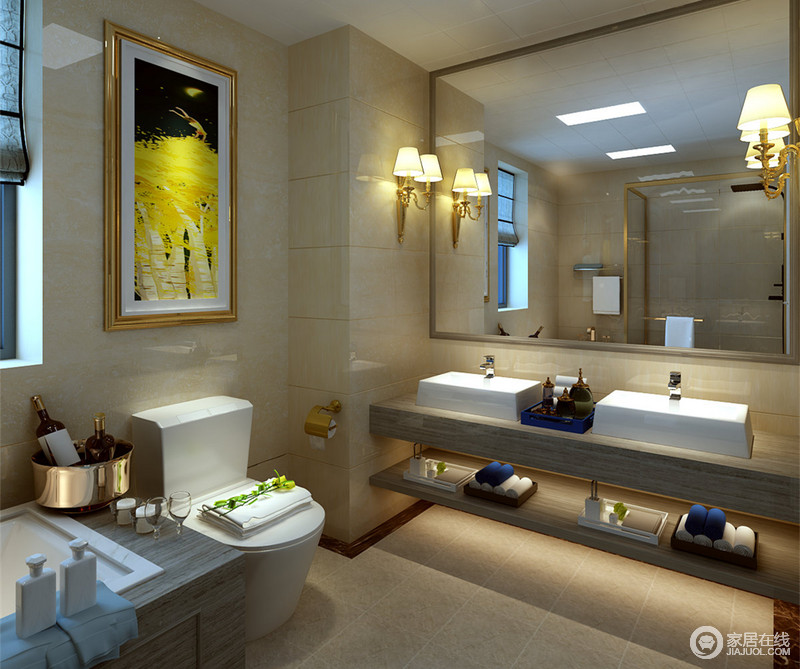 卫生间大面积的浴室镜将整个空间收于眼底，米黄色的墙面在光影里，富有温馨的质感；在紧凑的空间里，金属玻璃门划分了干湿区，保证了空间上的干净清爽；装饰画上的金黄色，更添空间的明媚感。