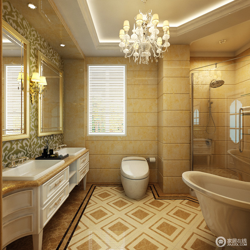 简约的干湿分离卫浴空间则在细节上着手，花纹马赛克将浴室镜背景墙装饰的别具一格，与地板上虚实深浅回形图案一道呈现出空间层次感。