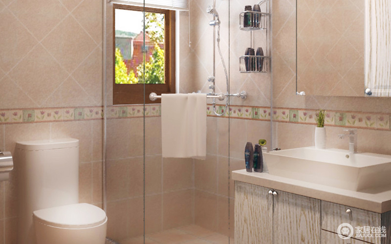 卫生间所采用的瓷砖跟白色的洁具色彩相搭配起来，不单调，有一种温馨宁静之感。洗手盆上方的墙柜可以解决女性大量的化妆品需求。