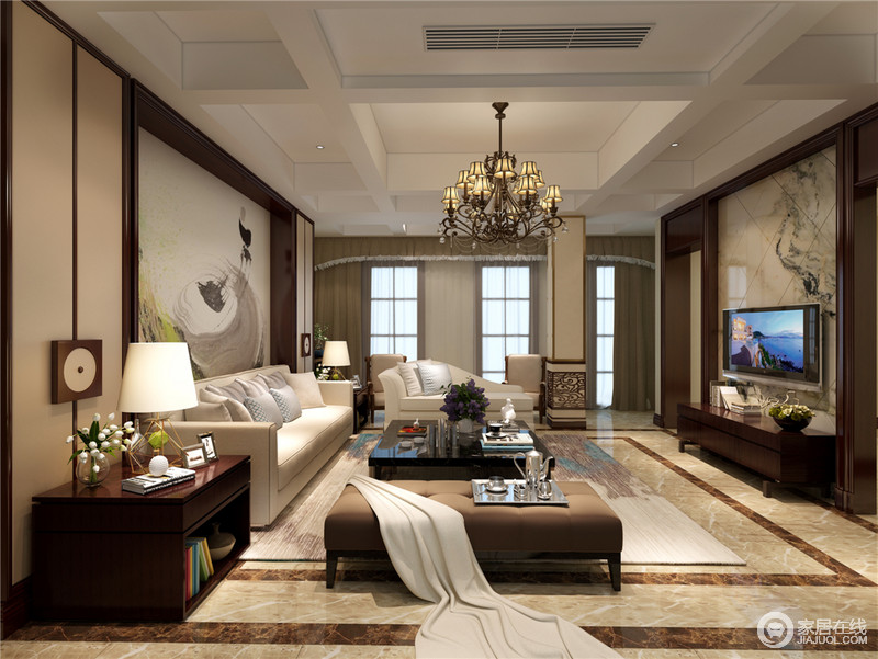 现代空间里，灰白沙发配黑色的茶几，彰显现代的雅致。而沙发墙上禅意水墨与电视墙背景理石的古风洇染，演绎出浓郁的中式韵味。亦古亦今的搭配，营造出现代怀古空间。