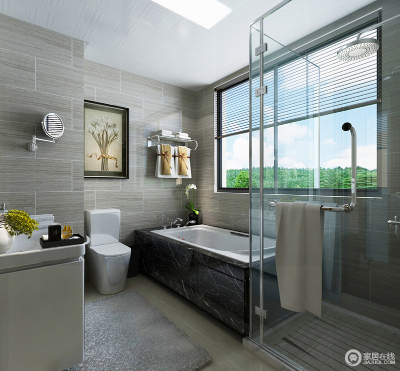 卫浴间是个小空间，但是却五脏俱全，足以满足日常生活所需；为了与整体设计风格相一致，木纹砖石透露出温润。