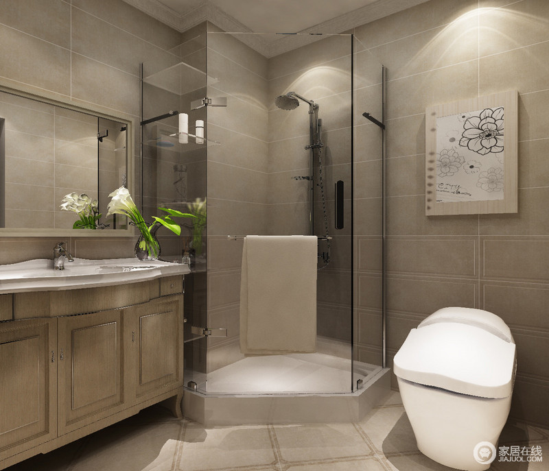 卫生间采用青灰色的砖墙铺贴，完全展现出质朴、沉静的氛围。利用角落空间，通透玻璃打造的淋浴房，有效释放更多空间。原木色的盥洗台色调与背景相近，使空间基调保持一致。