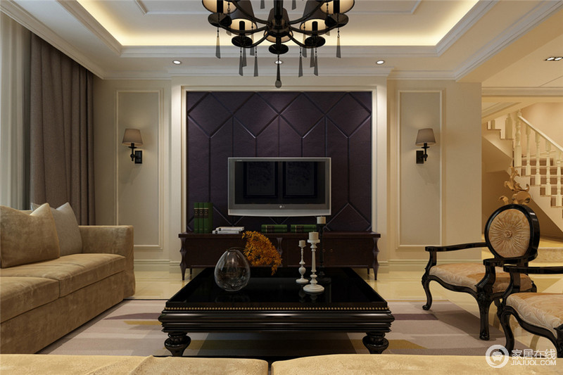 以浅色系为主的客厅，配以大量暖色调灯光营造出家的温馨之感。电视背景墙则采用深紫色菱梯形拼接设计，彰显出雅量高致的格调。