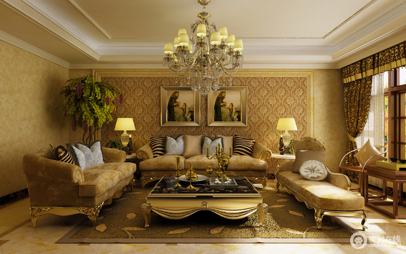 客厅以土黄色为主色调，保留经典欧式的格调，采用简化过的线条和装饰元素，传递出欧式婚后的文化底蕴。印花图案的繁复点缀，也营造出空间的浪漫感。