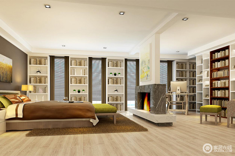 卧室的空间狭长且开阔，设计师利用壁炉打造隔断，使空间分为休息区与办公区。墙面基本以置物架为主，丰富且强大的书籍储物功能，也彰显出主人的文化底蕴。