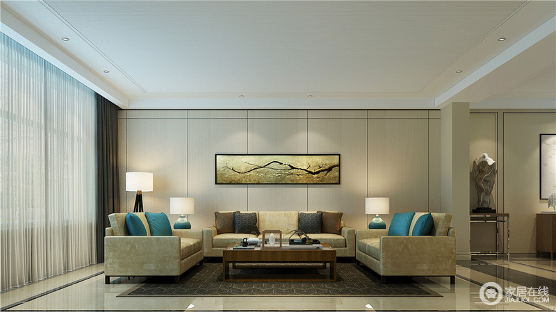 客厅将线条、原木、装饰画巧妙兼容，带来空间上的舒缓节奏，营造东方意境式情怀。背景墙装饰画与沙发色系相近，形成视觉上的延伸统一美感。