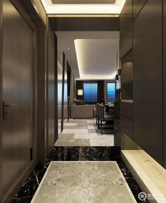 走廊的地砖以灰色、白色和黑色为主，通过拼接式铺贴的方式，让空间看似简单，却张扬着工艺和设计感；褐色实木定制得收纳柜与整体空间氛围相契合，给予空间现代沉稳。