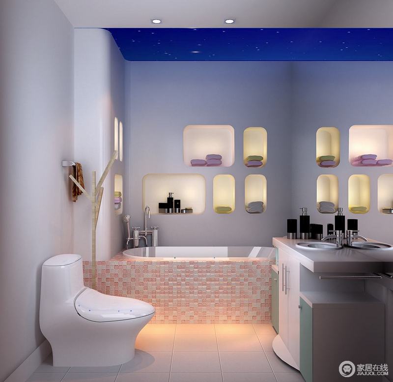卫浴间并没有太多的家具，除了白色盥洗柜外并无其他；马赛克拼贴的粉色浴缸区甜美感顿显，与现代内嵌式石体置物台形成对比，渐变蓝的立面与收纳台不同色彩的灯光形成光影梦幻，十分美妙。