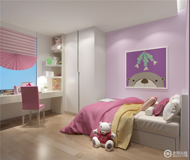 设计师以粉、紫和白三色为女儿打造了一个清雅、甜美的空间，为了让卧室更有空间感，设计师通过置物柜和书桌的一体式设计，让学习区更加规整；紫色卡通画以色彩给予层次感，唯美而温馨。