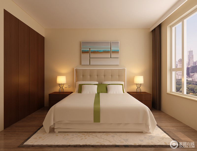 对称的手法，使空间看上去十分的规整；米黄色的背景下，内嵌墙面的棕色实木衣柜与床头柜及近色系的布艺窗帘，形成视觉上的平衡，朴质平和的舒适恬淡感萦绕在空间里。