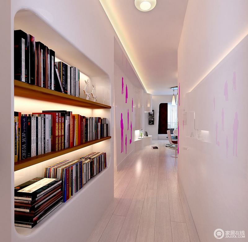 走廊略有弧度，让你并不感到生硬，让看似毫无温度的空间，多了几分圆润；设计师巧思妙想，不放过丝毫小空间，将书架置于走廊处，平整的空间文艺范也很十足。