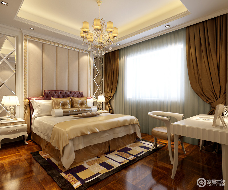 柔美暖色系轻易地就让卧室温馨舒适，规整的家具摆饰，及多色块地毯给卧室带来生机。