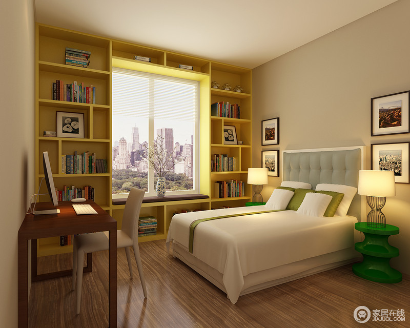 卧室简洁中不失创意亮点，环窗型书架不仅带来大的收纳空间，同时柠檬黄背景，与盎然绿意的床头凳大胆演绎混搭，配上简白床品，空间迸发出激昂的热情活力。