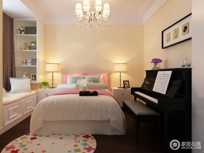 儿童房里俏皮的粉色与彩色地毯让空间更显可爱范儿，钢琴静立在一旁，让空间更加高雅。