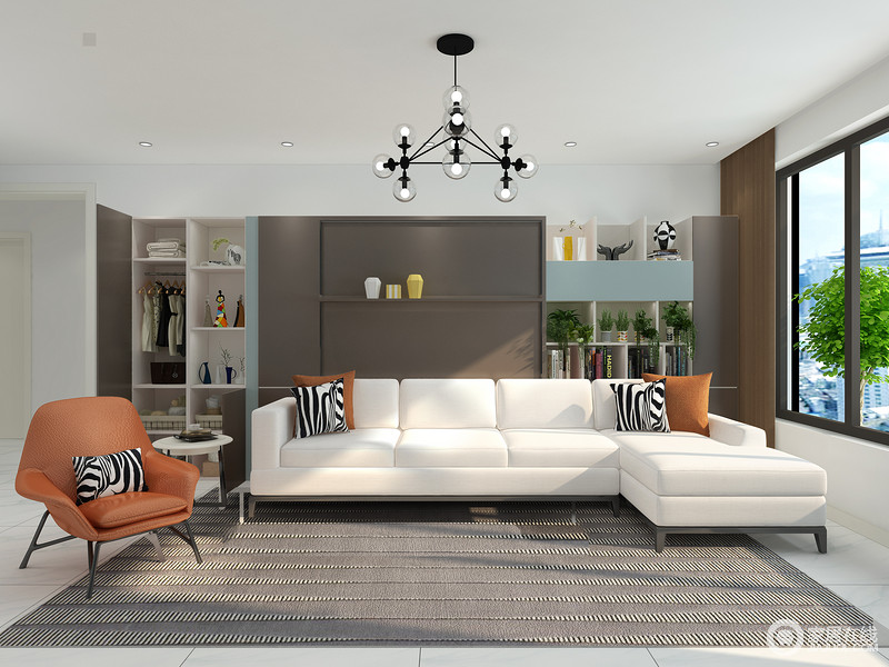 由于客厅空间比较大，所以在沙发后面设计了一排柜体来增加储物能力，白色的沙发和灰色的地毯形成鲜明的对比，橘色的单人椅子点缀其中丰富色彩。